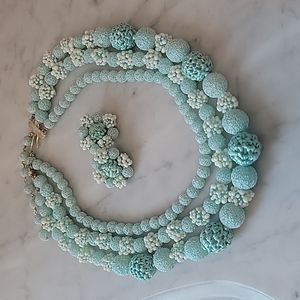 Vintage Seafoam Blue Bubble Bead Necklace Textured Clip Earrings Set